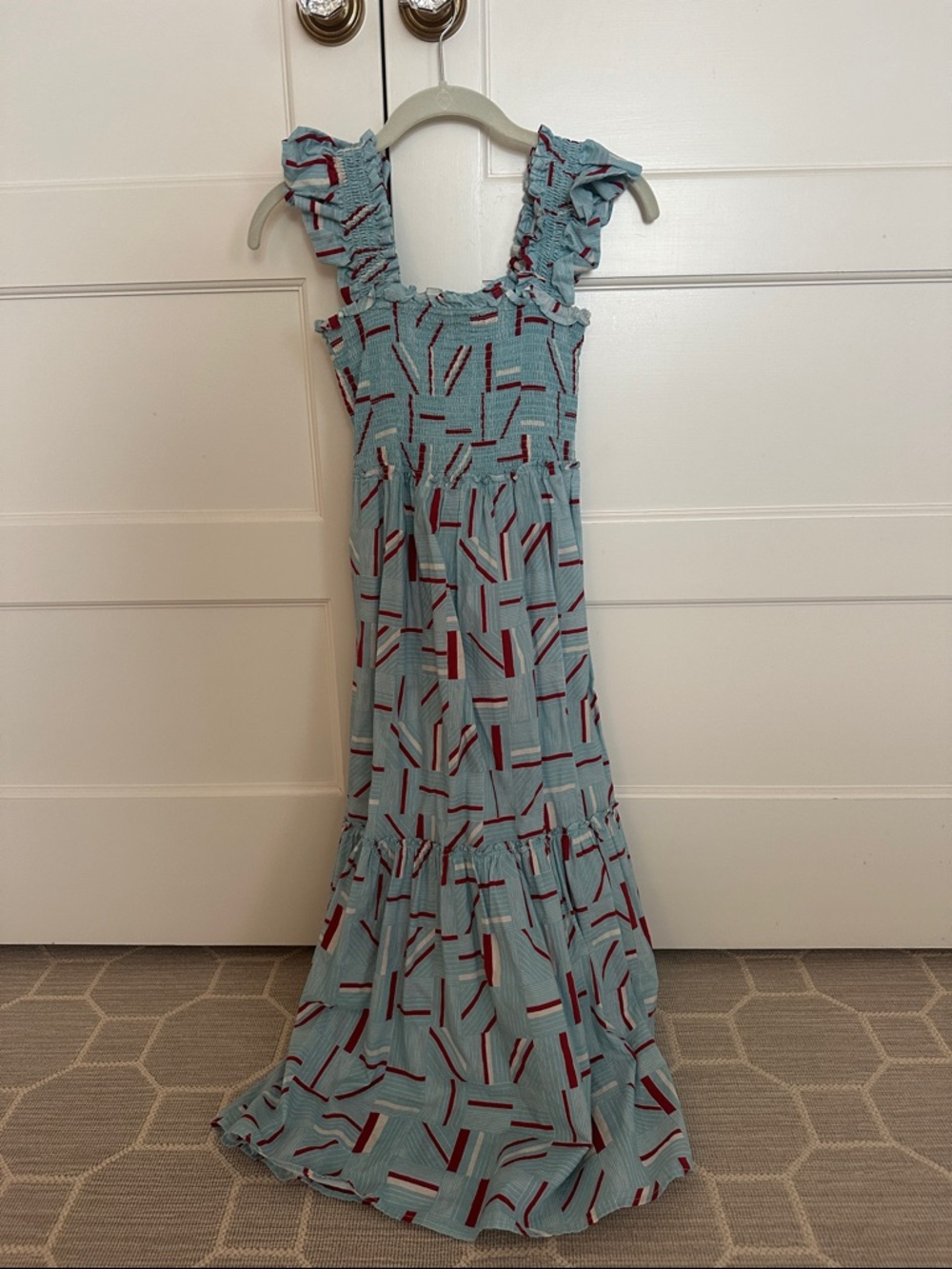 Tuckernuck Light Blue Midi Dress with Red Geometric Print